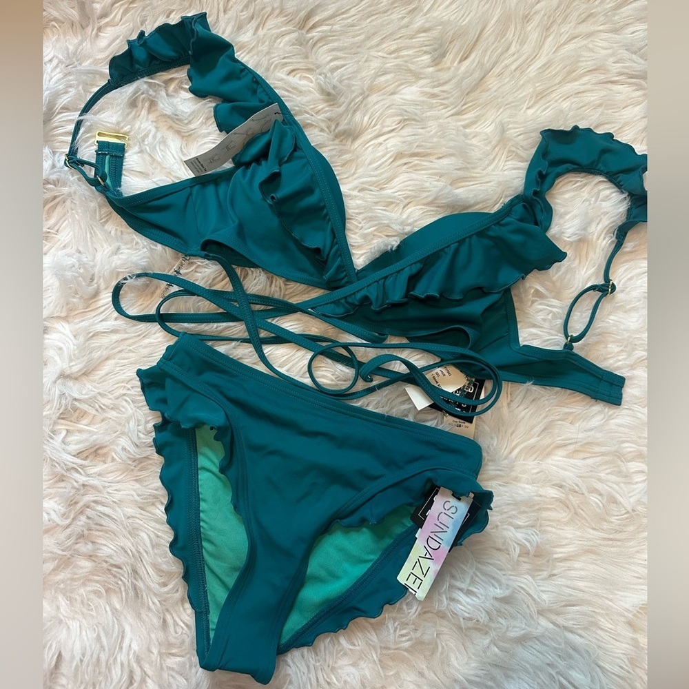 NWT Sundazed Jaded Green Bra-Sized Wrap Bikini Swim Top and Bottom Set 32C & XS - Picture 5 of 7